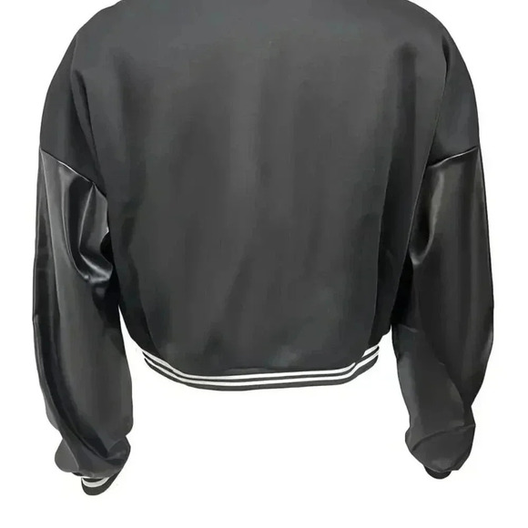 Alphabet (PU Long Sleeve) Crop Baseball Jacket (Color: Black) - Picture 2 of 5